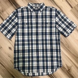 Carhartt Mens Blue/White Plaid Button Up Short Sleeve Collared Shirt Size Medium